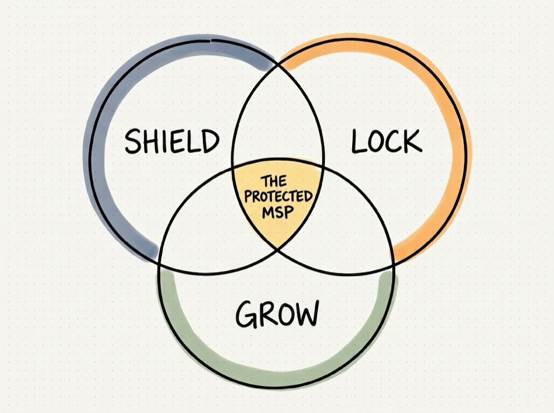 The Protected MSP Blueprint: Shield, Lock, and Grow overlapping with The Protected MSP in the center
